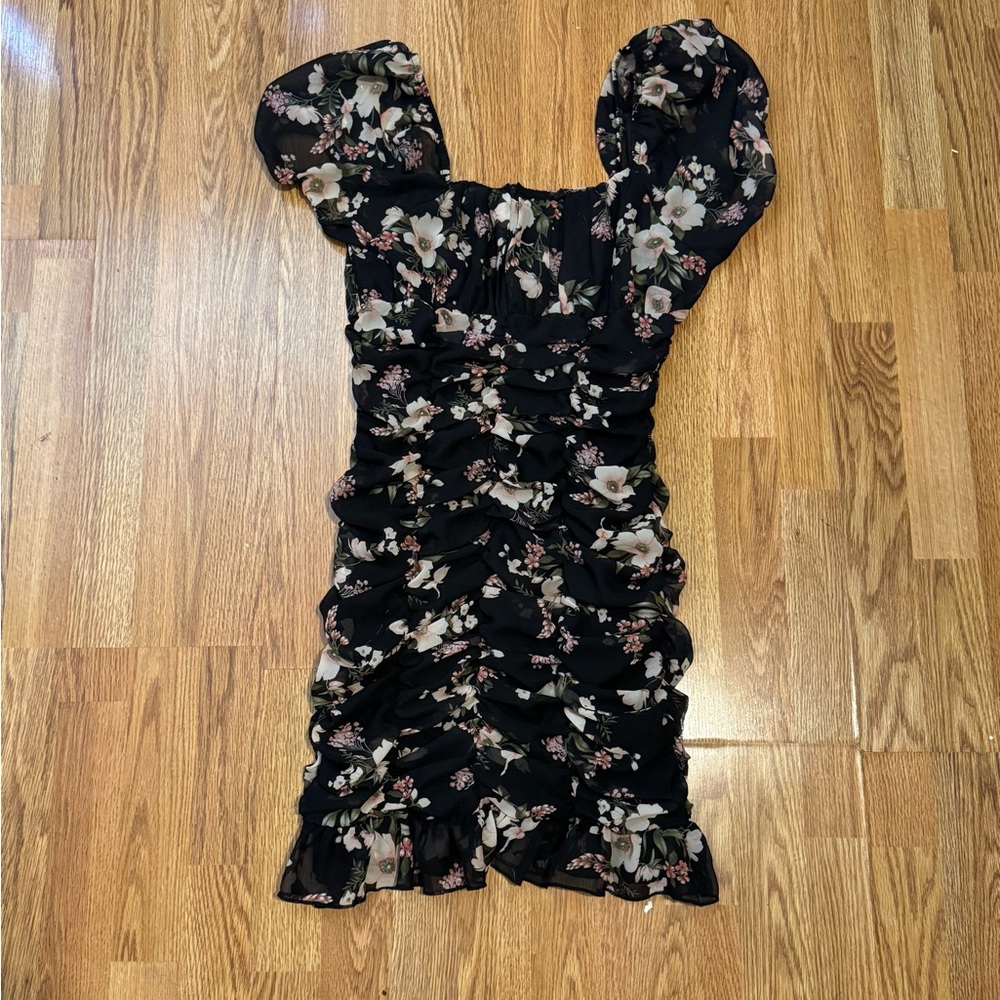 Blashe black Floral Puff Sleeve mini Dress with ruched detail